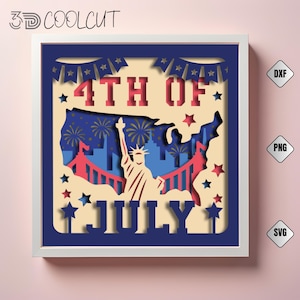 Mappa 3D degli Stati Uniti del 4 luglio in formato SVG, carta a strati patriottica ritagliata con Statua della Libertà e fuochi d'artificio, decorazione fai da te per il Giorno dell'Indipendenza