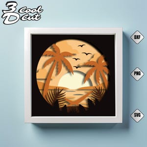 Tropical Beach Sunset Shadow Box SVG: Layered Seaside Paper Cut Art