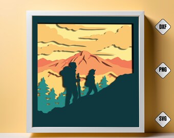 Dad Hiking with Son 3D Shadow Box SVG: Layered Papercut Light Box