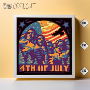 Caja de sombras 3D del Monte Rushmore SVG, recorte de papel patriótico en capas para Cricut y Silhouette, caja de luz del 4 de julio, archivo de artesanía con monumentos de EE. UU.