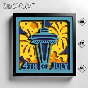 Torre de Seattle, 4 de julio, caja de sombra 3D SVG, recorte de papel de aguja espacial patriótica para Cricut y Silhouette, caja de luz de EE. UU., decoración navideña