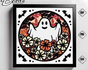 May include: A framed Halloween-themed art piece featuring a smiling white ghost surrounded by orange and cream-colored flowers. The artwork is set against a backdrop of fall foliage and bats, with the text "3 Cool Cut" in the upper left corner.
