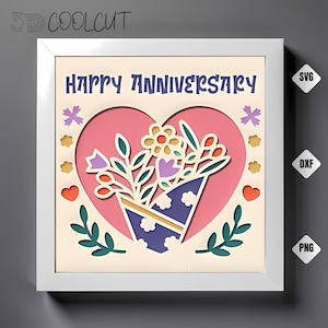 Huwelijksverjaardag boeket schaduwdoos, 3D gelaagde papiersnede, verjaardagsdecor, Cricut en silhouetbestand, decor bloemboeket, DIY-kunst