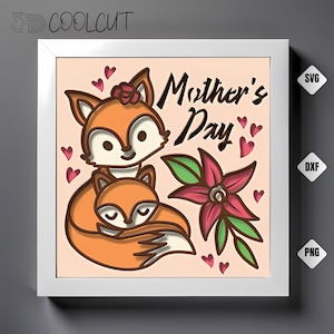 Mama i dziecko Fox 3D Shadow Box SVG, Warstwowy papier cięty dla Cricut i Silhouette, DIY Woodland Shadow Box, Fox Family 3D Paper Art SVG
