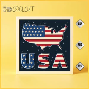 Letrero de mapa de EE. UU. en formato 3D con sombra SVG, diseño de corte de papel estadounidense en capas para Cricut y Silhouette, plantilla de bricolaje para decoración del hogar patriótica del 4 de julio