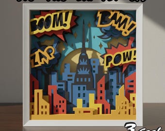 Superhero City 3D Shadow Box SVG, Comic Skyline Papercut Design for Cricut and Silhouette, heroes  Layered Lightbox Decor, Comics DIY 3D SVG
