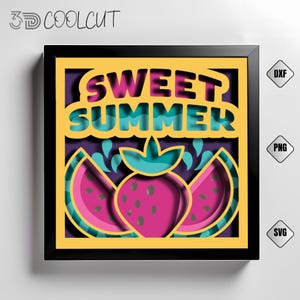 Fruits d'été 3D Shadow Box SVG, papier découpé en couches pastèque et fraise, doux décor d'été, Cricut et modèle DIY Silhouette