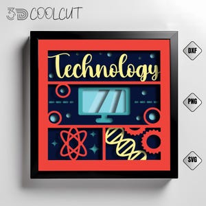 May include: A framed, layered paper art piece with the word "Technology" in yellow script. The design features a computer monitor, atom symbol, DNA strand, and gears, all set against a navy blue background with red and black framing.