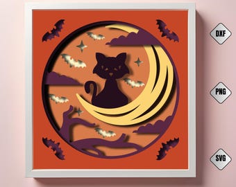 Caja de sombras de luna creciente de gato negro SVG: Caja de luz de papel recortado de Halloween