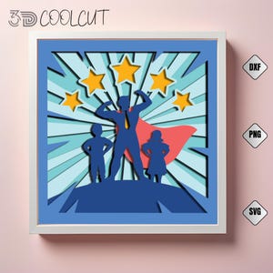 スーパーパパと子供の3DシャドーボックスSVG、スーパーヒーローパパの切り絵、クリカットとシルエットで作るDIY父の日ギフト、レイヤードライトボックス