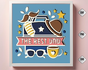 The Best Dad 3D Shadow Box SVG, Vaderdag Shadow Box, Cricut en Silhouette Cut-bestand, gelaagde papierkunst, sjabloon lightbox voor papa