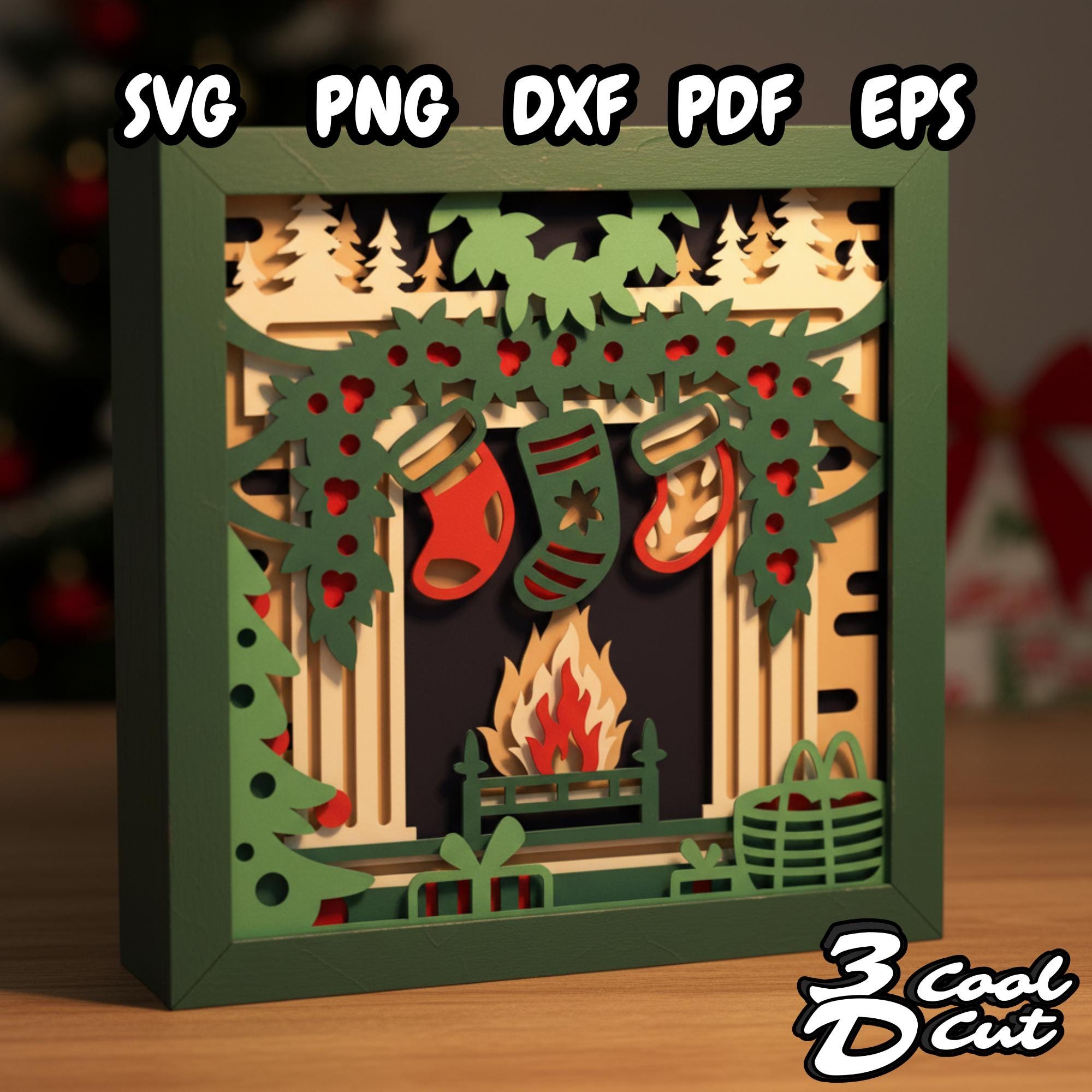 Christmas Fireplace Shadow Box SVG, 3D Layered Papercut With Stockings ...
