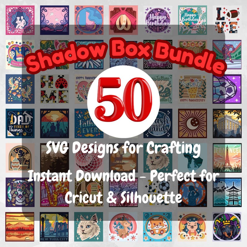 50 Shadow Box Bundle SVG, 3D Layered Paper Cut, Cricut and Silhouette Compatible, DIY Light Box, Digital Templates for Paper Art Crafts
50 Shadow Box SVG Bundle with 3D layered paper cut files for Cricut and Silhouette. Includes holiday, animal, nature, and family designs for DIY light box and shadow box craft projects