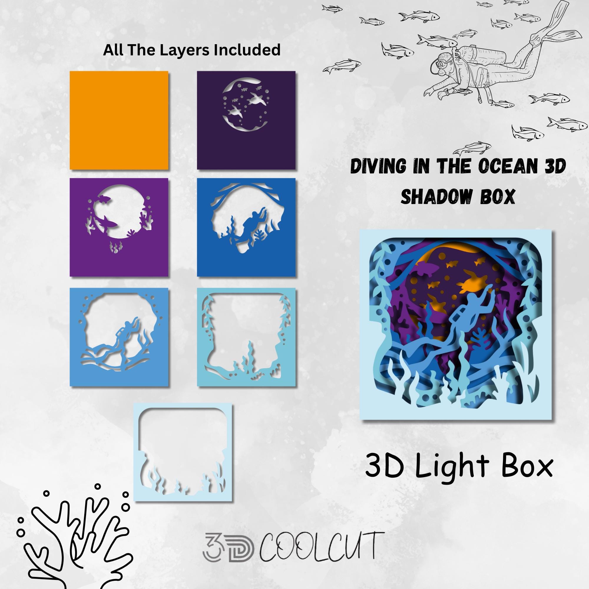 3D Ocean Shadow Box SVG: Scuba Diver Layered Paper Cut File - Etsy