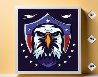 May include: A framed, layered paper art piece featuring a detailed bald eagle design. The eagle is set against a shield with red and white stripes and a blue background with white stars. The artwork includes the text "3D COOLCUT".