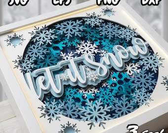 Scatola luminosa invernale 3D in formato SVG, scatola luminosa in carta tagliata Let It Snow, modello natalizio a strati per Cricut e Silhouette, decorazione fai da te con fiocchi di neve a strati 3D