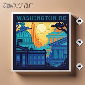 Caixa de sombra para recorte de papel em Washington DC SVG, recorte de papel 3D Landmark, arquivo Cricut e Silhouette, decoração de Washington, arte de horizonte da cidade