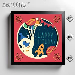 Caixa de sombra 3D SVG de menino astronauta para aniversário, recorte de papel com tema espacial, decoração de aniversário faça você mesmo, arquivo Cricut e Silhouette, caixa de luz 3D para crianças