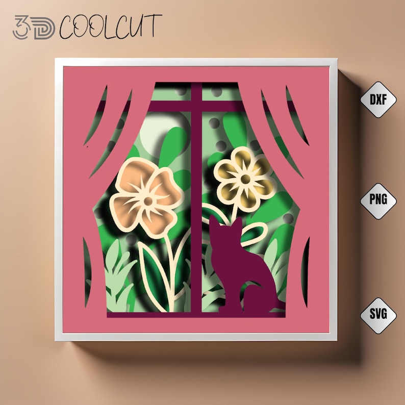 Layered 3D papercut shadow box showing a cute cat gazing through a spring window surrounded by flowers, leaves, and seasonal nature elements. Designed for Cricut, Silhouette, and other cutting machines, this DIY papercraft design is ideal for cat lovers, spring decorations, or handmade seasonal gifts. Beautifully detailed and easy to assemble, perfect for adding a warm spring vibe to any room.
