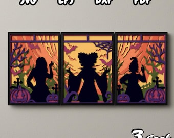 Scary Witch Shadow Box SVG, Spooky 3D Layered Light Box, Halloween 3D Layered Papercut, Continuous  Witches Scene for Cricut And Silhouette