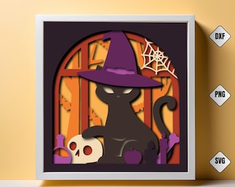 May include: A layered paper art piece featuring a black cat wearing a purple witch hat, with a skull, apple, and other Halloween-themed elements. The artwork is set against an orange and purple backdrop, framed in white, with the text "3D COOLCUT".