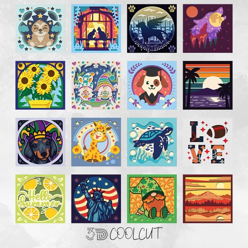 50 Shadow Box Bundle SVG, 3D Layered Paper Cut, Cricut and Silhouette Compatible, DIY Light Box, Digital Templates for Paper Art Crafts
50 Shadow Box SVG Bundle with 3D layered paper cut files for Cricut and Silhouette. Includes holiday, animal, nature, and family designs for DIY light box and shadow box craft projects