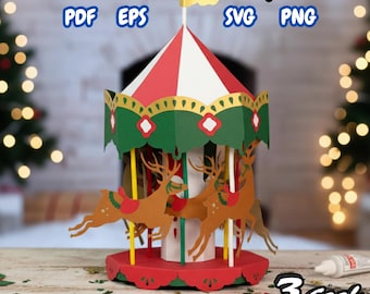 May include: A 3D Christmas carousel paper cut design. The carousel features a red and white striped roof, green and gold trim, and brown reindeer. The text "3D Christmas Carousel Paper Cut" is at the top, with "PDF EPS SVG PNG" below it.