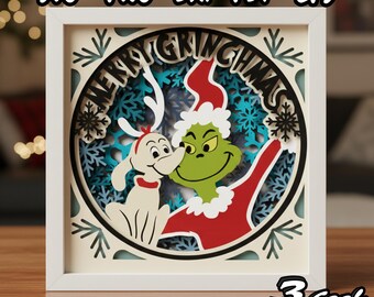 Christmas Green Creature 3D Shadow Box SVG, Festive Winter Scene Papercraft, Cheerful Furry Monster Design, Cozy Seasonal Decoration DIY Art