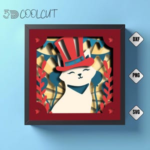 Caja de sombras 3D SVG de gatito patriótico, lindo gato recortado en capas para Cricut y Silhouette, caja de luz DIY del 4 de julio, artesanía con la bandera de EE. UU.