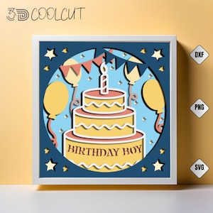 Birthday Boy Party Shadow Box Papierschnitt SVG, 3D Layered Cricut und Silhouette-Datei, DIY Light Box SVG für Kindergeburtstag, Kuchen Luftballons Dekor