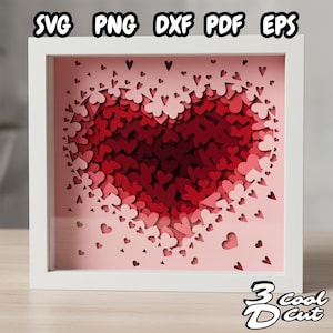 Może przedstawiać: Oprawione dzieło sztuki na papierze z warstwowym wzorem serca w odcieniach czerwieni i różu. Rama jest biała. Tekst "SVG PNG DXF PDF EPS" znajduje się na górze, a "3 Cool Cut" na dole. Serce składa się z wielu małych papierowych serc.