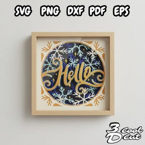 Hello Winter 3D Layered Paper Cut SVG, Snowflake Typography Shadow Box Art, Seasonal Home Decor DIY File for Cricut, 3D Christmas Light Box