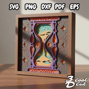 May include: A layered paper art piece featuring an hourglass design with a celestial theme. The artwork is framed in a wooden box and includes the text "SVG PNG DXF PDF EPS" at the top. The color palette includes shades of orange, purple, and blue.