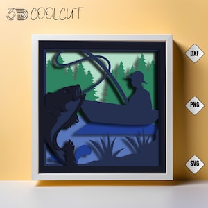 3D Lake Fishing Scene Shadow Box SVG: Layered Papercut for Cricut