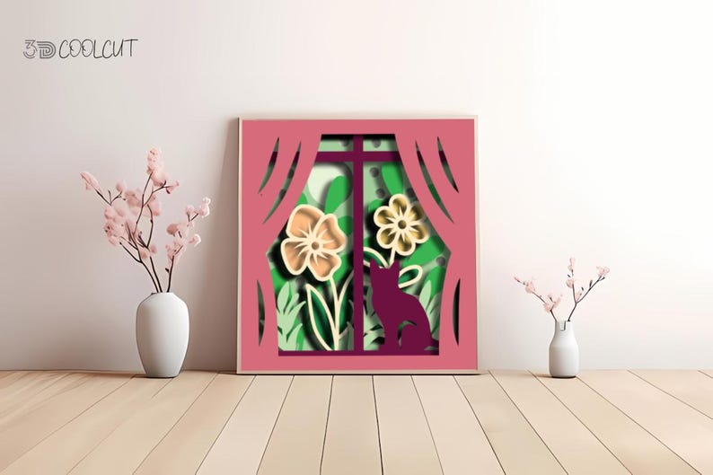 Layered 3D papercut shadow box showing a cute cat gazing through a spring window surrounded by flowers, leaves, and seasonal nature elements. Designed for Cricut, Silhouette, and other cutting machines, this DIY papercraft design is ideal for cat lovers, spring decorations, or handmade seasonal gifts. Beautifully detailed and easy to assemble, perfect for adding a warm spring vibe to any room.