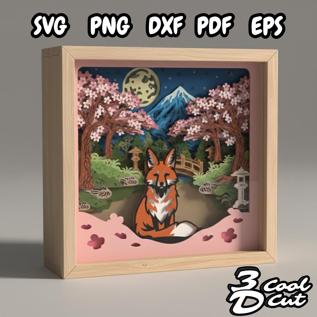 Japanese Fox Garden 3D Shadow Box SVG, Sakura Mountain Landscape ...