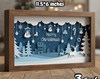 Merry Christmas 3D Shadow Box SVG, modello di carta ritagliata con scena invernale a strati per Cricut e Silhouette, decorazione per light box SVG con renne natalizie