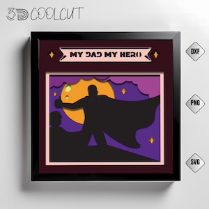 Caixa de sombra 3D Meu Pai Meu Herói SVG, corte de papel em camadas para Cricut e Silhouette, caixa de sombra para o Dia dos Pais, cena de pai em caixa de luz DIY SVG