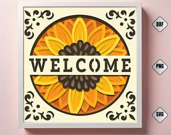 Caja de sombras 3D SVG de bienvenida con girasol, corte de papel en capas, decoración del hogar con girasoles, archivo de Cricut y Silhouette, arte floral DIY, letrero de granja