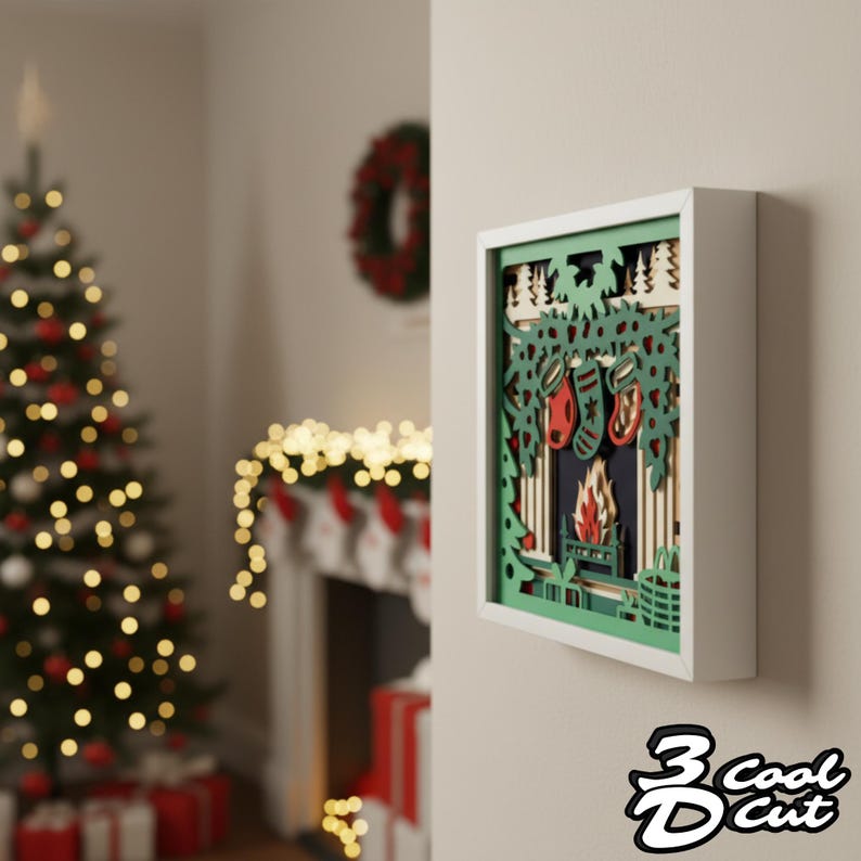 Christmas Fireplace Shadow Box SVG, 3D Layered Papercut With Stockings ...