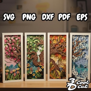 Puede incluir: Cuatro obras de arte en papel enmarcadas que representan árboles en diferentes estaciones: primavera con flores rosas, verano con hojas verdes, otoño con follaje naranja y rojo e invierno con nieve. La parte superior de la imagen tiene el texto "SVG PNG DXF PDF EPS".