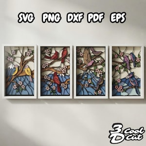 Könnte beinhalten: Vier rechteckige Wandbilder mit geschichteten Illustrationen im Buntglas-Stil, die Vögel auf blühenden Zweigen vor Berglandschaften zeigen. Der Text SVG, PNG, DXF, PDF, EPS und 3 Cool Cut ist im Bild deutlich zu erkennen.