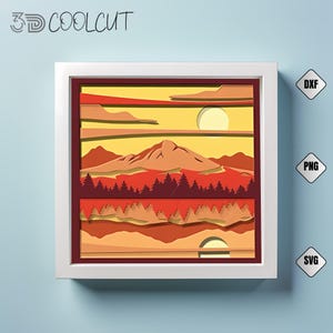 Caja de sombras 3D con atardecer en la montaña, corte de papel en capas SVG, caja de sombras de paisaje, archivo Cricut y Silhouette, decoración de exteriores, arte mural natural