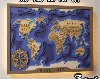 3D Multilayer World Map Laser Cut SVG, Wooden Wall Art CNC File, Layered Map Decor for Home and Office, Glowforge and Lightburn Ready
