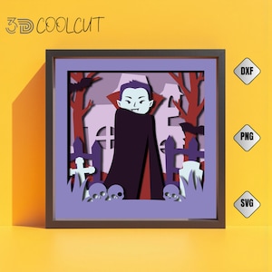 Halloween Cute Vampire 3D Light Box SVG, Dracula Graveyard Shadow Box, Spooky Papercut Cricut File, Haunted Tombstone Decor, Halloween DIY