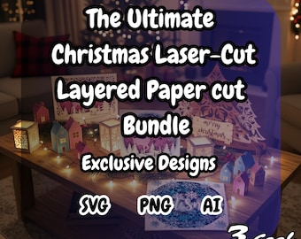 May include: A wooden table displays a Christmas laser-cut layered paper cut bundle. The bundle includes various designs, such as houses, lanterns, and a Christmas tree. The text on the image reads "The Ultimate Christmas Laser-Cut Layered Paper cut Bundle Exclusive Designs."