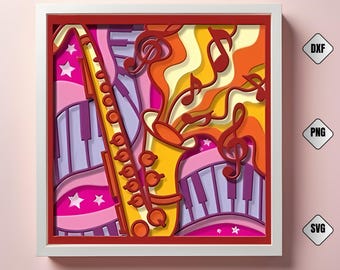 Saxophone 3D Shadow Box SVG: Jazz Music Layered Art (Digital File)