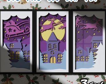 Christmas Village Scene 3D Shadow Box SVG, Santa Sleigh and Reindeer Paper Cut, Winter Night Layered Papercraft, Cricut and Silhouette DIY