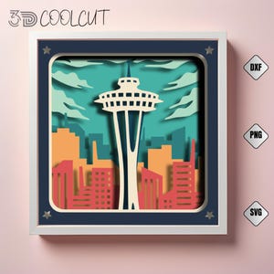 Może przedstawiać: Oprawione, warstwowe dzieło sztuki na papierze przedstawiające Space Needle w Seattle. Grafika wykorzystuje odcienie niebieskiego, pomarańczowego i czerwonego do przedstawienia panoramy miasta. Biała rama ma granatową obwódkę i akcenty gwiazd. Widoczny jest tekst "3D COOLCUT".