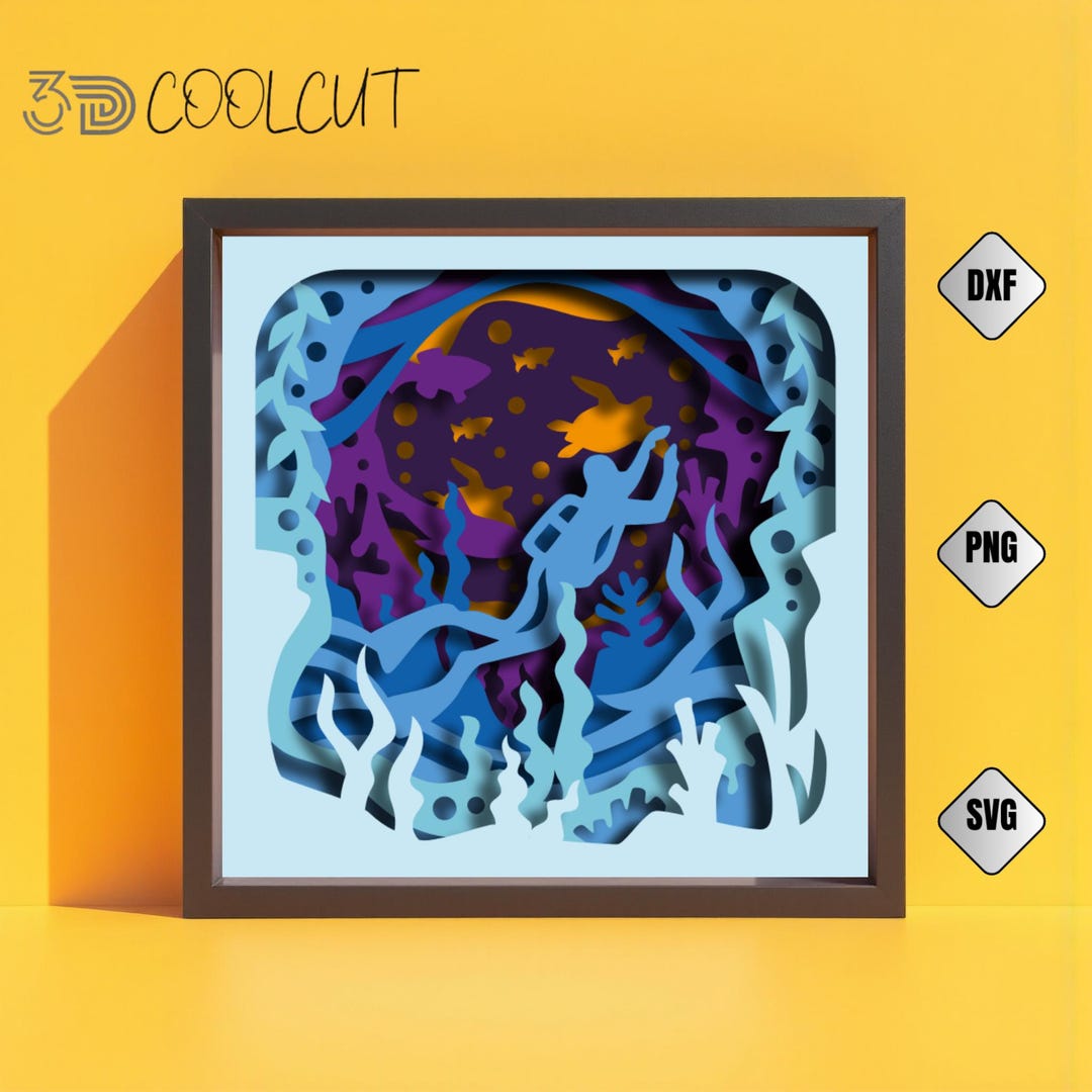 3D Ocean Shadow Box SVG: Scuba Diver Layered Paper Cut File - Etsy